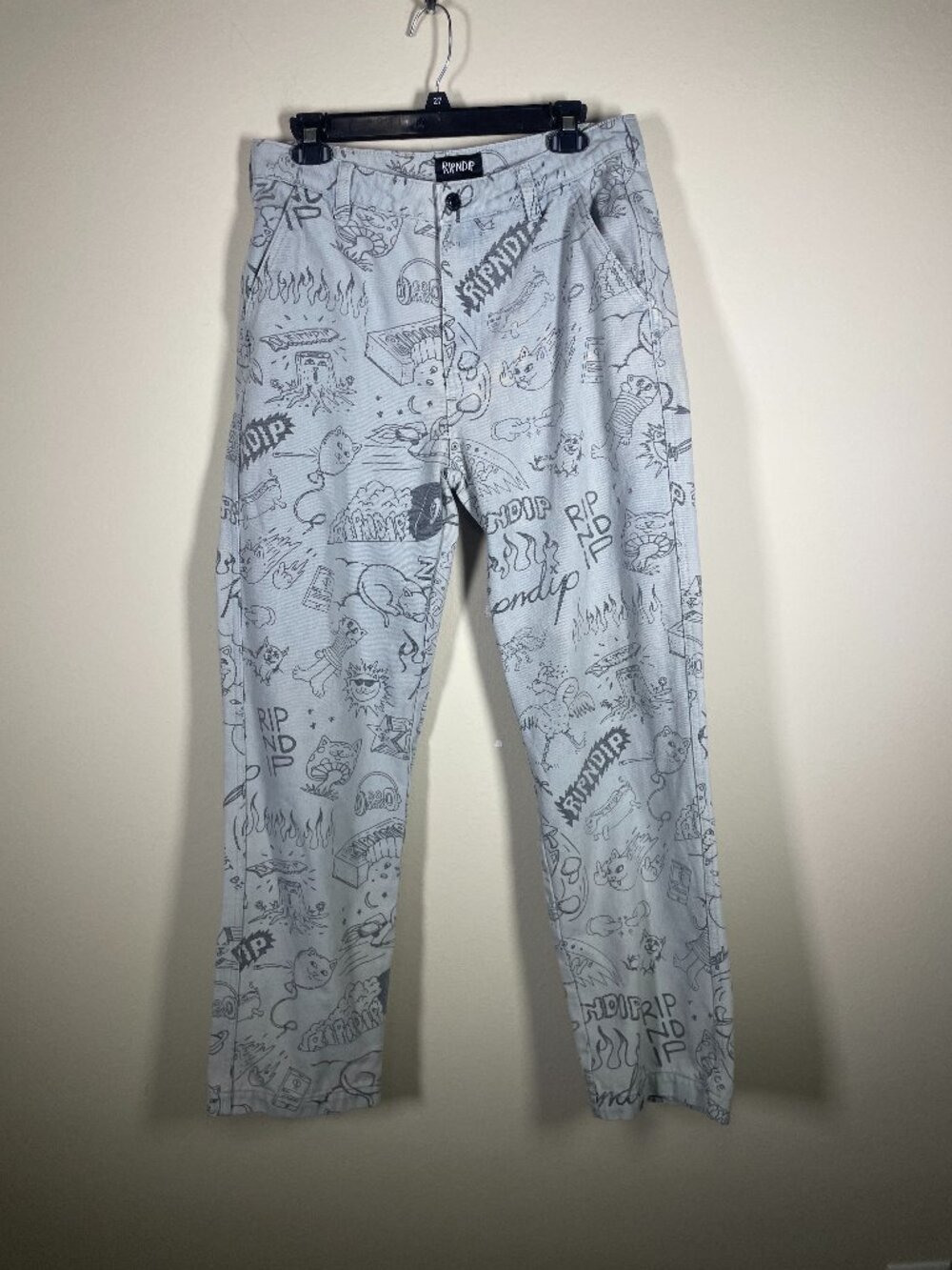 RIPNDIP All Over Doodle Print Straight Leg Denim Pants Men's 34 Light Blue